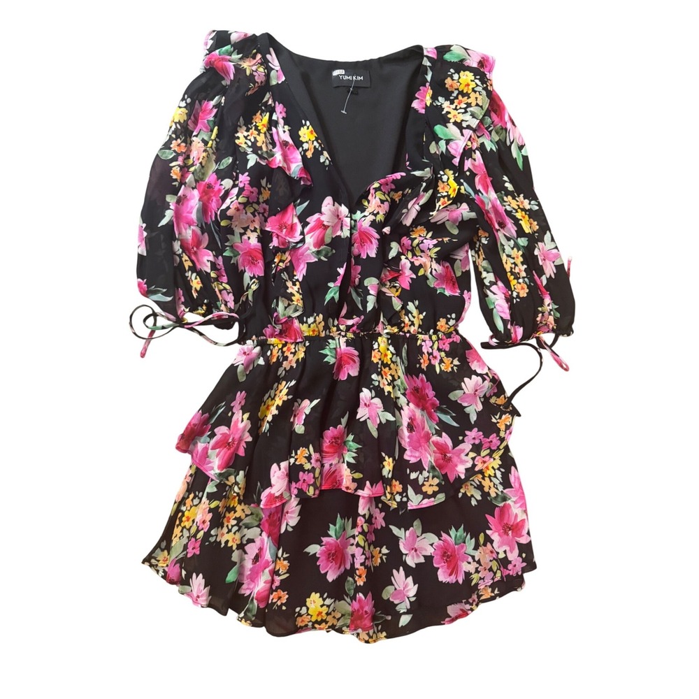 Yumi Kim Hailey Dress Paradise Villa Black Floral Mini Puff Sleeve‎ Size L - Picture 2 of 9